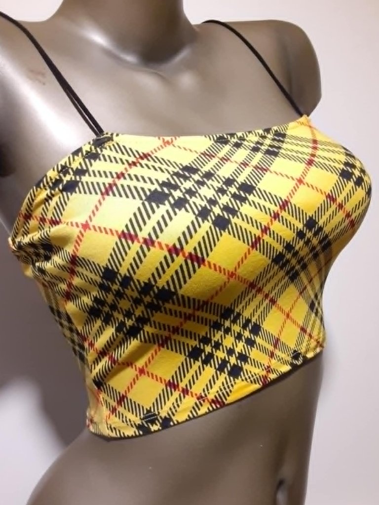 Bear Dance Yellow Plaid Cropped Halter Tank Top Thin Bungee Strap Medium New Nip
